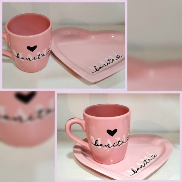 Taza mamá con bandeja corazón rosa